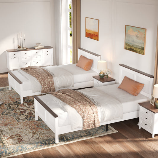 SESSLIFE Twin Size Bed Frame, Wood Platform Bed Frame with Headboard and Footboard, Farmhouse Style Twin Bed Frame with Storage Wood Slat Support, Holds 350 lb, No Box Spring Needed, White