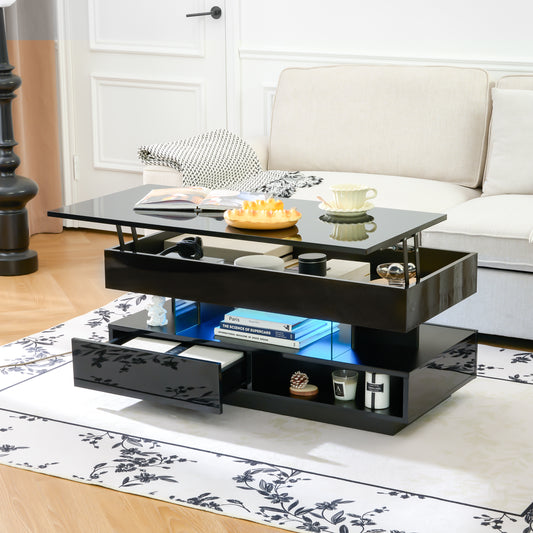 SESSLIFE Modern Lift Top Coffee Table with Storage, Hidden Compartment and LED Lighting, Multifunctional Centerpiece for Small Spaces, 39.3 Inch, Black