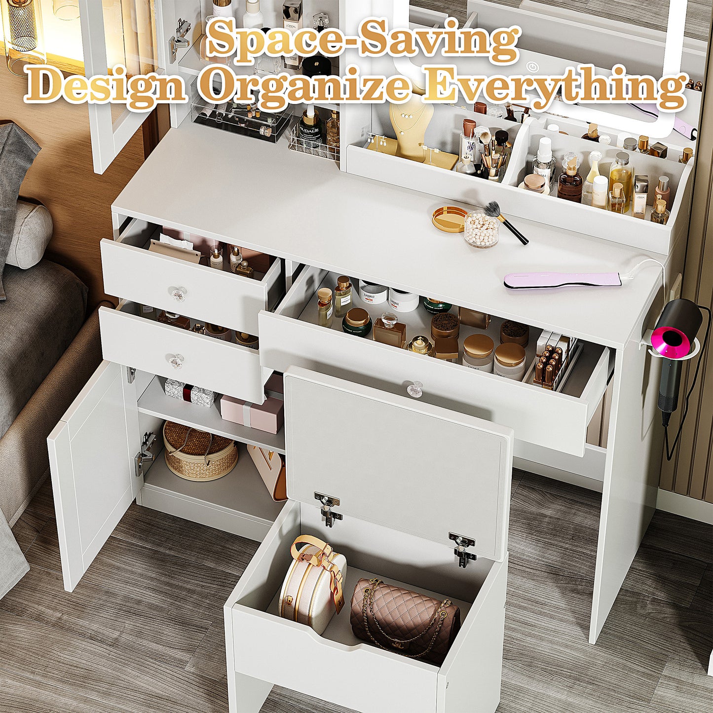 SESSLIFE Vanity Desk Set with Mirror & Lights, Makeup Dressing Table with Charging Station and Storage Stool, Makeup Desk with 3 Large Drawers, 2 Cabinets and Shelves for Women Girls Gifts, White