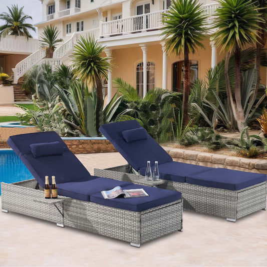 Outdoor Chaise Lounge Chairs Set, Patio Furniture Lounger Reclining Chairs with 5 Adjustable Positions and Pillow, Gray Wicker Patio Chairs Furniture for Poolside, Deck, Backyard