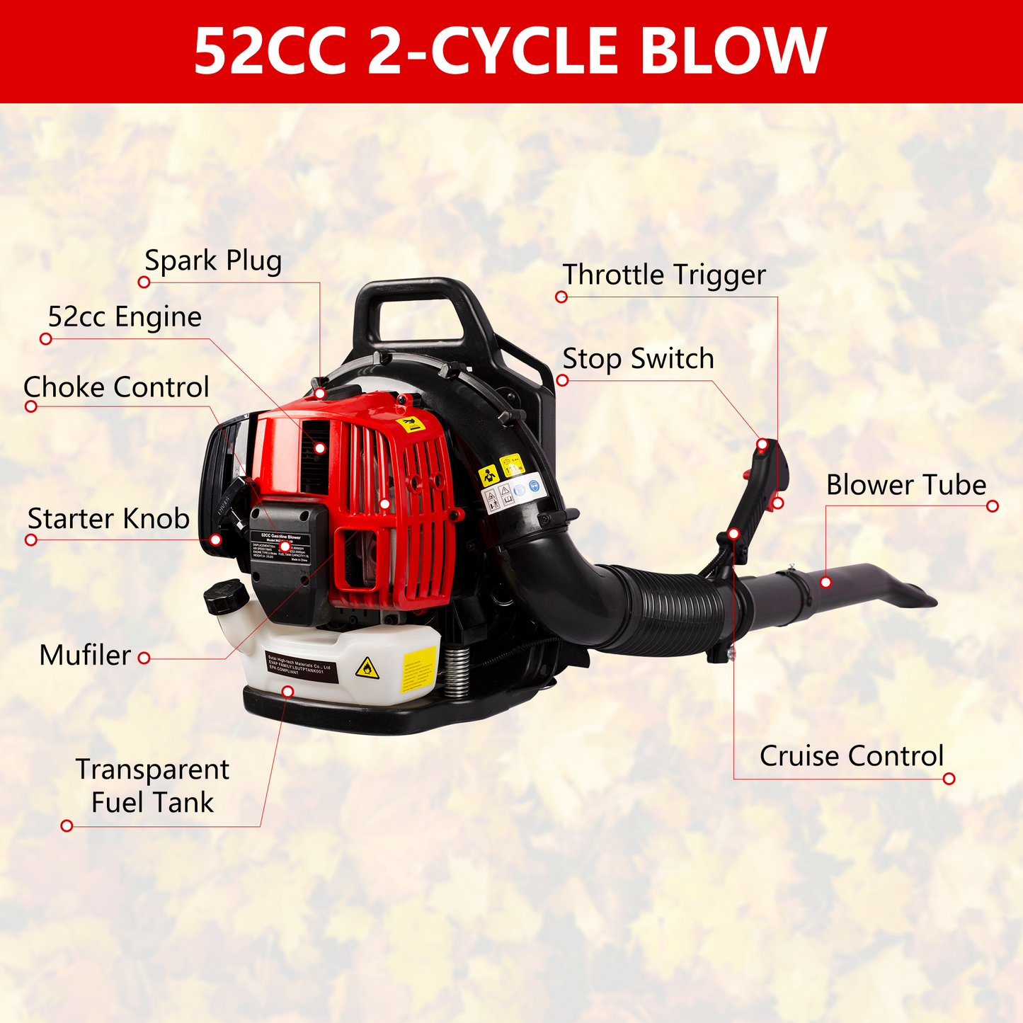 Gas Powered Leaf Blower, 52cc 2-Cycle Backpack Leaf Blower with Nozzle Extension and Adjustable Strap, Commercial Leaf Vacuum for Blowing Leaves/Snow/Mowed Grass, EPA Passed