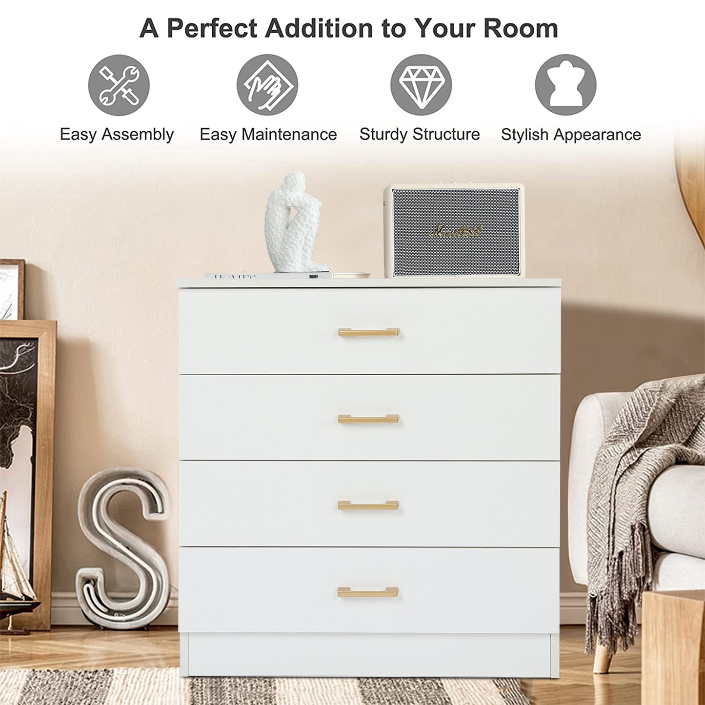 Sesslife New Upgrade Nightstand, Modern White Nightstand with 4 Drawers, Wood Bedside Table Night Stand for Bedroom