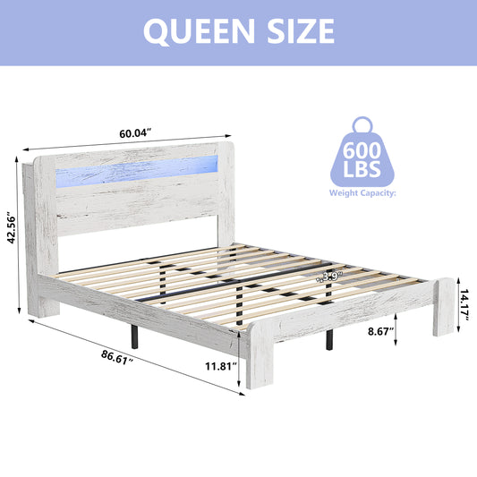 SESSLIFE Queen Size Bed Frame with Storage, Wood Platform Bed Frame with Charging Station and LED Light, Vintage Queen Bed Frame with Headboard and Wood Slats, No Box Spring Needed, White/Grey