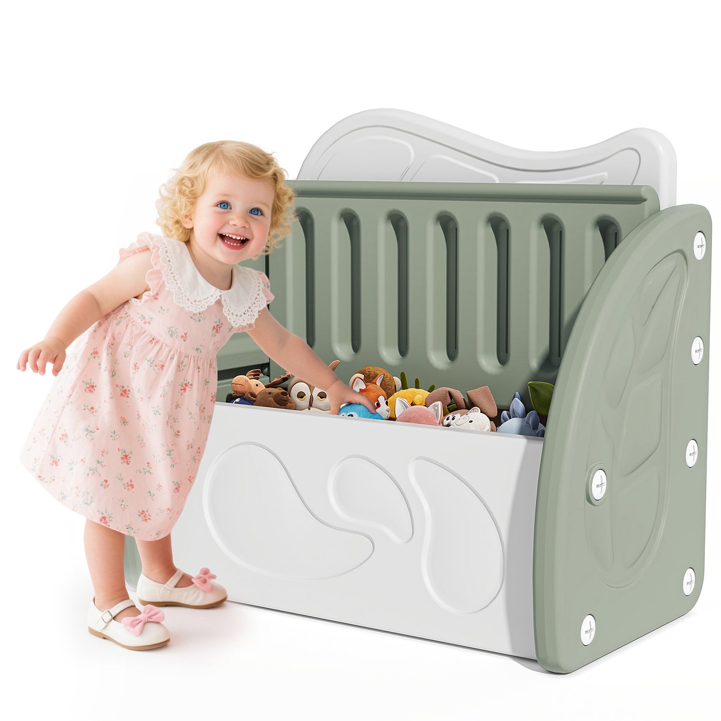 SESSLIFE Toy Box for Boys Girls, Plastic Kids Toy Storage Organizer with Storage Bench and Leaf Backrest, Modern Toy Chest for Living Room, Toddler Room, Bedroom, Support 176 lbs, Pink/Light Grey
