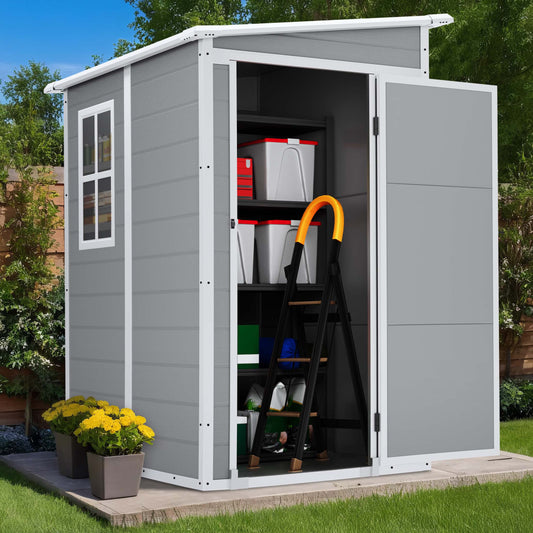 5ft x 4ft Resin Outdoor Storage Shed, SESSLIFE Large Platic Storage Shed with Floor and Lockable Door for Lawnmower, Garden Tools, Bike and Garbage Can, Waterproof Outside Storage Shed