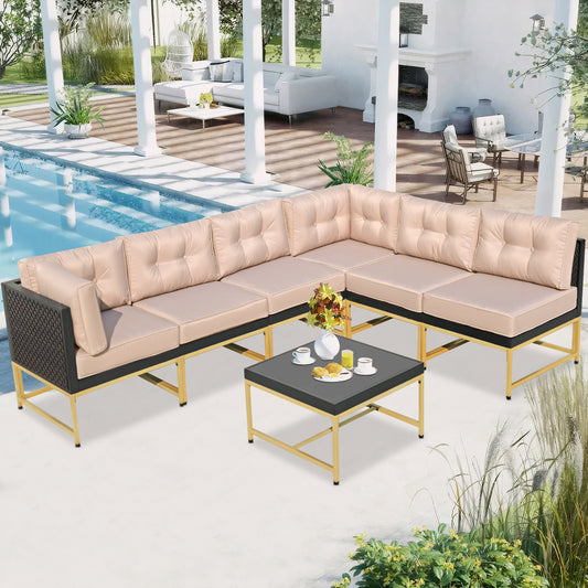 7 Pieces Rattan Sofa Patio Furniture Sets, Brown Wicker Outdoor Sectional Sofa Patio Conversation Sets with 3.9" Thick Cushions and Coffee Table, Garden Deck Backyard Seating Sets