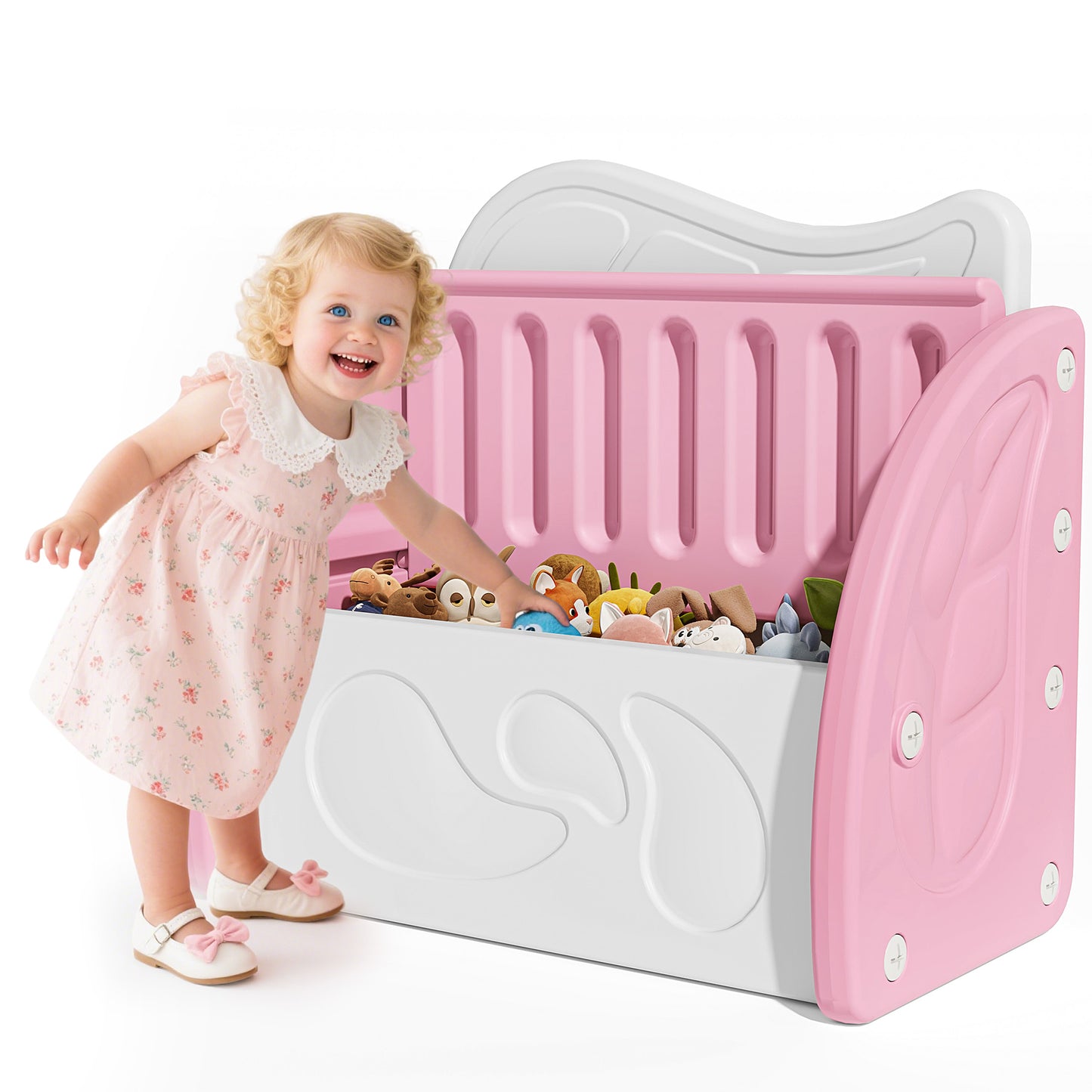 SESSLIFE Toy Box for Boys Girls, Plastic Kids Toy Storage Organizer with Storage Bench and Leaf Backrest, Modern Toy Chest for Living Room, Toddler Room, Bedroom, Support 176 lbs, Pink/Light Grey