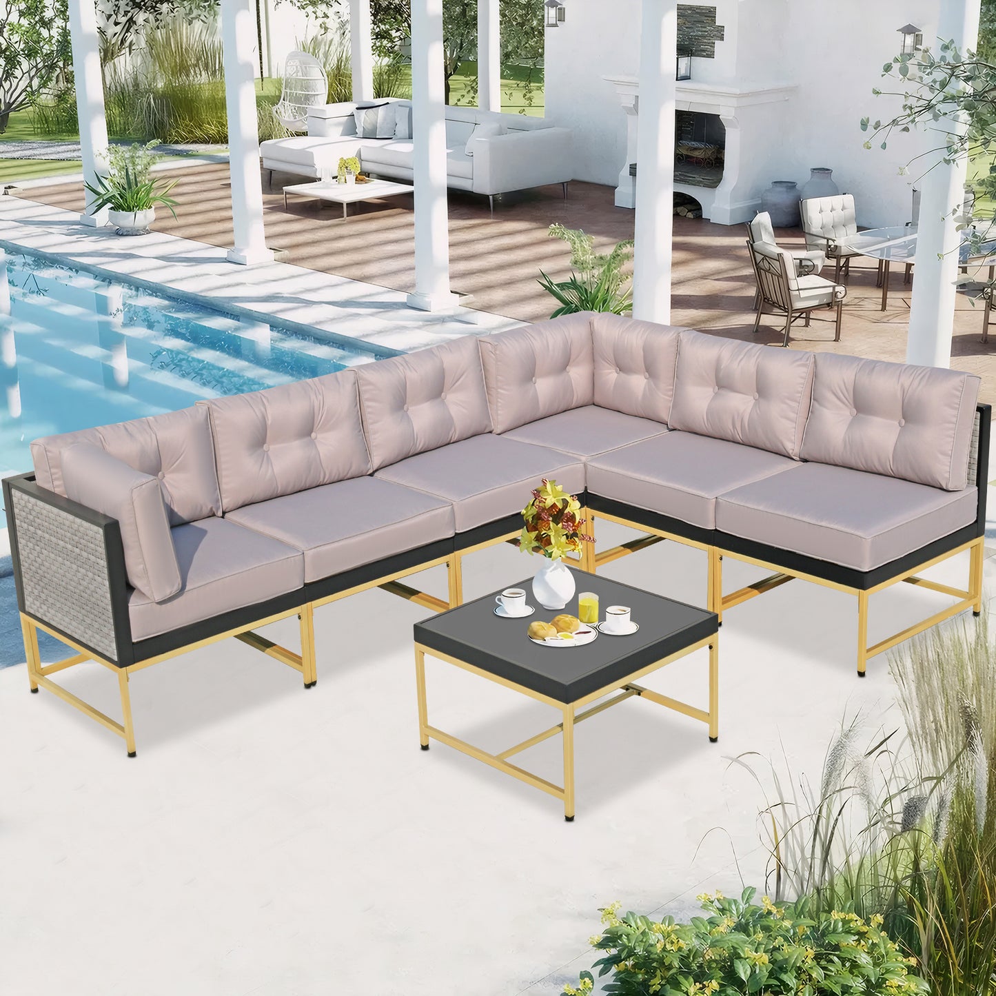 7 Pieces Rattan Sofa Patio Furniture Sets, Gray Wicker Outdoor Sectional Sofa Patio Conversation Sets with 3.9" Thick Cushions and Coffee Table, Garden Deck Backyard Seating Sets