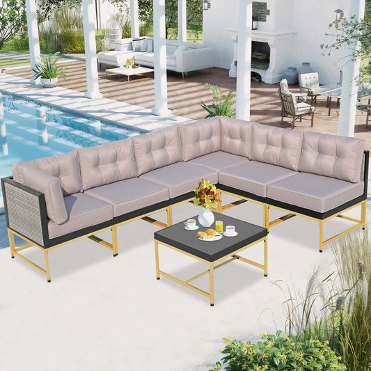 7 Pieces Rattan Sofa Patio Furniture Sets, Gray Wicker Outdoor Sectional Sofa Patio Conversation Sets with 3.9" Thick Cushions and Coffee Table, Garden Deck Backyard Seating Sets