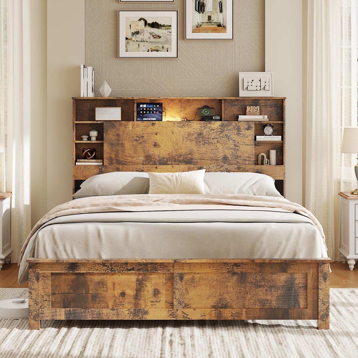 SESSLIFE Queen Bed Frame with Storage Headboard, Wood Platform Bed Frame with Charging Station, LED Lights & Bookcase Shelf, Queen Size Bed Holds up to 800lbs, No Box Spring Needed, Dark Brown