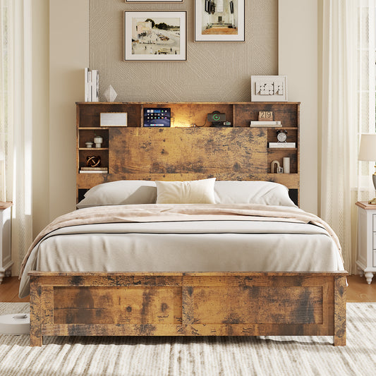SESSLIFE Queen Bed Frame with Storage Headboard, Wood Platform Bed Frame with Charging Station, LED Lights & Bookcase Shelf, Queen Size Bed Holds up to 800lbs, No Box Spring Needed, Dark Brown