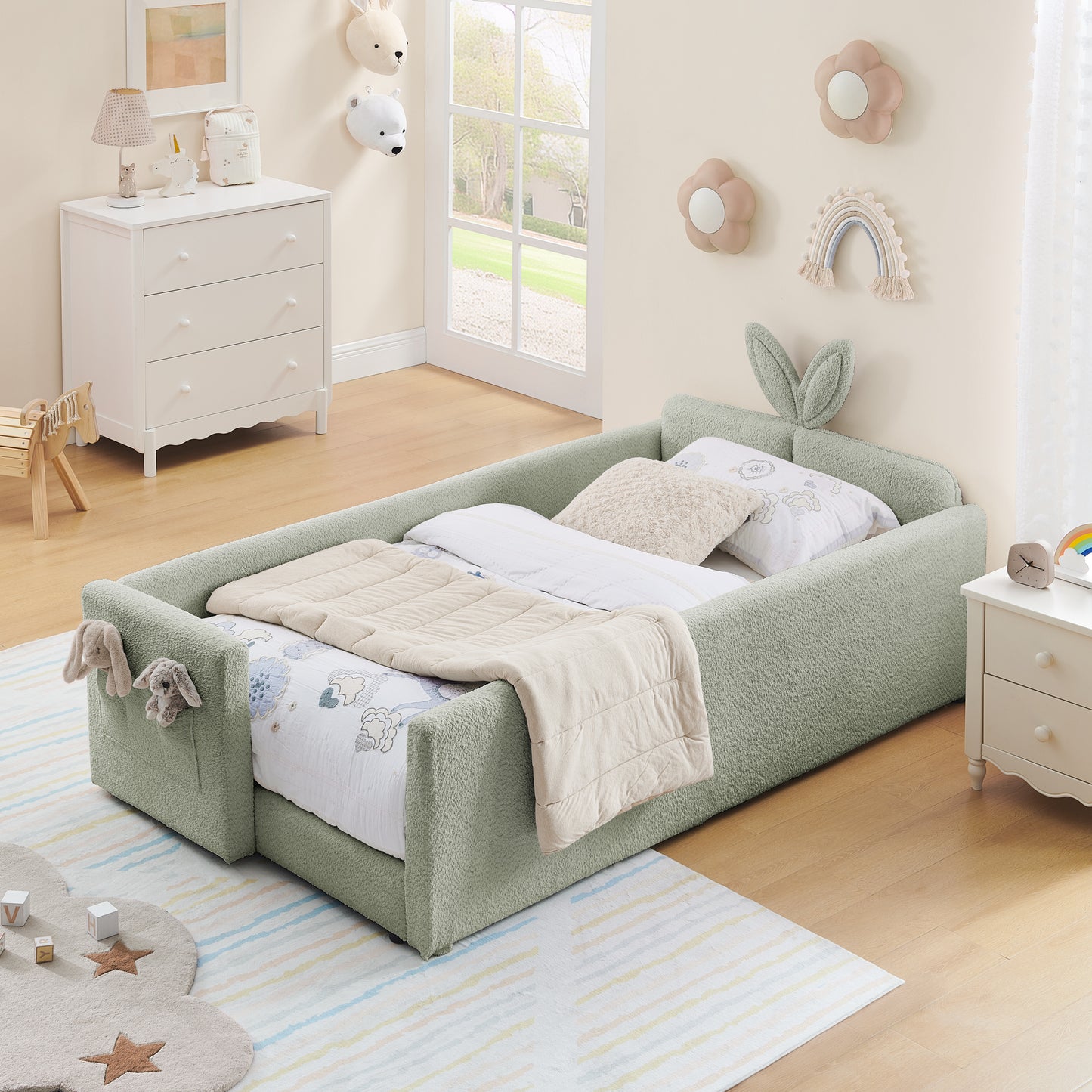 Sesslife Twin Bed Frame with Guardrail, Upholstered Twin Size Floor Bed with Rabbit Ear Headboard and Side Pocket, Montessori Platform Bed Frame with Wood Slats for Little Boys Girls, Beige