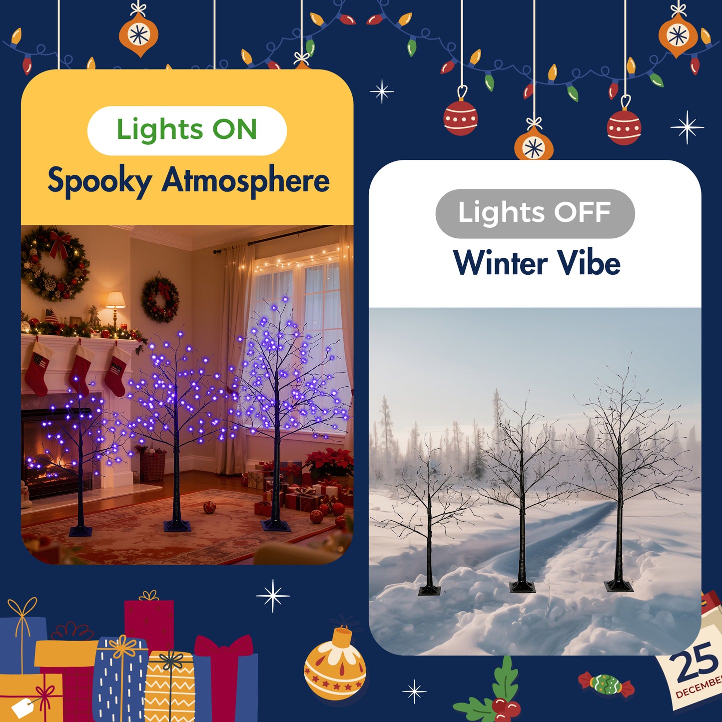3-Piece Birch Tree with Lights - 4/5/6FT Artificial Black Prelit Lighted Tree for Hallo-ween, Weddings Indoor/Outdoor Decor, Purple LED,  Holiday Decoration