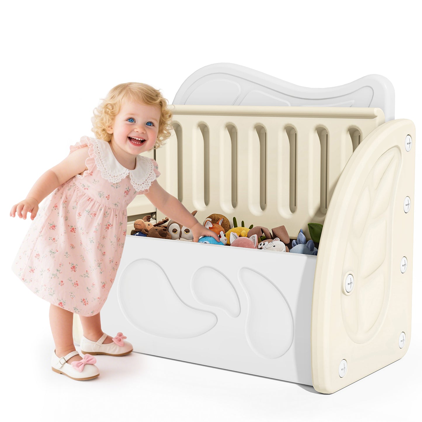 SESSLIFE Toy Box for Boys Girls, Plastic Kids Toy Storage Organizer with Storage Bench and Leaf Backrest, Modern Toy Chest for Living Room, Toddler Room, Bedroom, Support 176 lbs, Pink/Light Grey