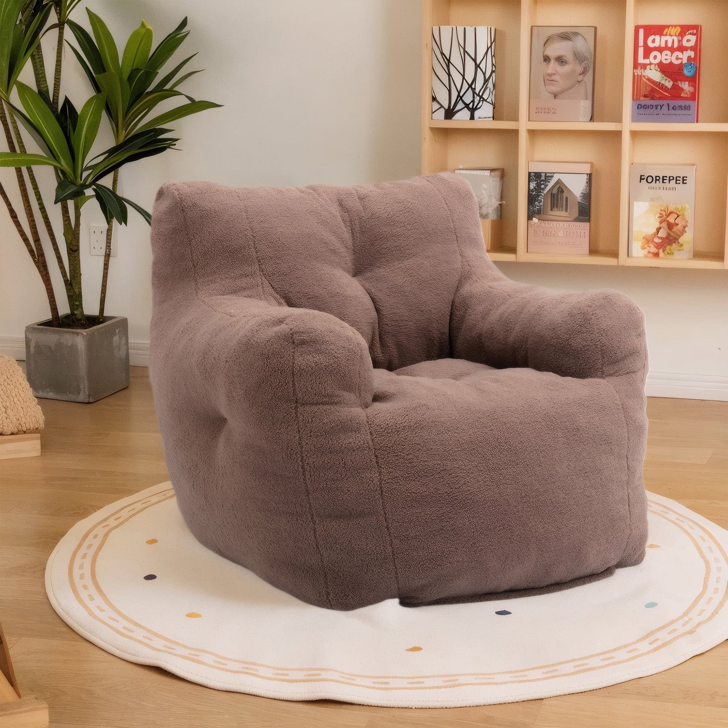 PORKISS Bean Bag Chairs, Soft Tufted Foam Lazy Sofa with Teddy Fabric for Dorm Bedroom Living Room, Single Leisure Accent Sofa Chair for Adults Teens, Brown