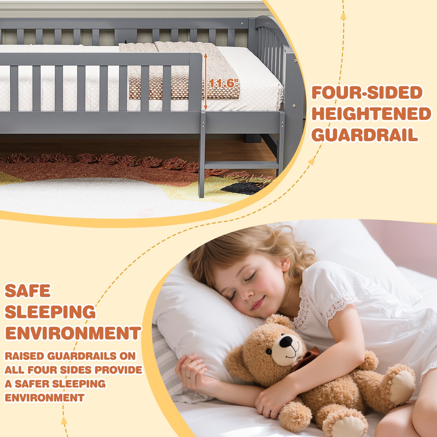 SESSLIFE Twin Size Platform Bed for Kids, Solid Wood Toddler Bed Frame with Slats, Fence Guardrail Ladder, Montessori Floor Bed for Boys Girls, No Box Spring Needed, Holds 400 lbs, Natural
