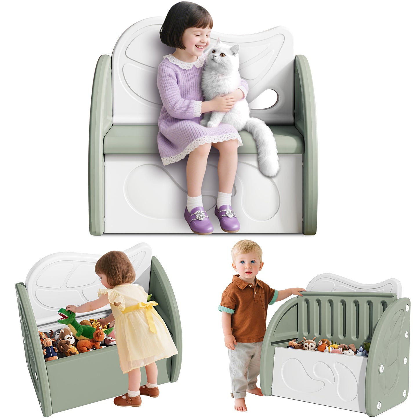 SESSLIFE Toy Box for Boys Girls, Plastic Kids Toy Storage Organizer with Storage Bench and Leaf Backrest, Modern Toy Chest for Living Room, Toddler Room, Bedroom, Support 176 lbs, Pink/Light Grey