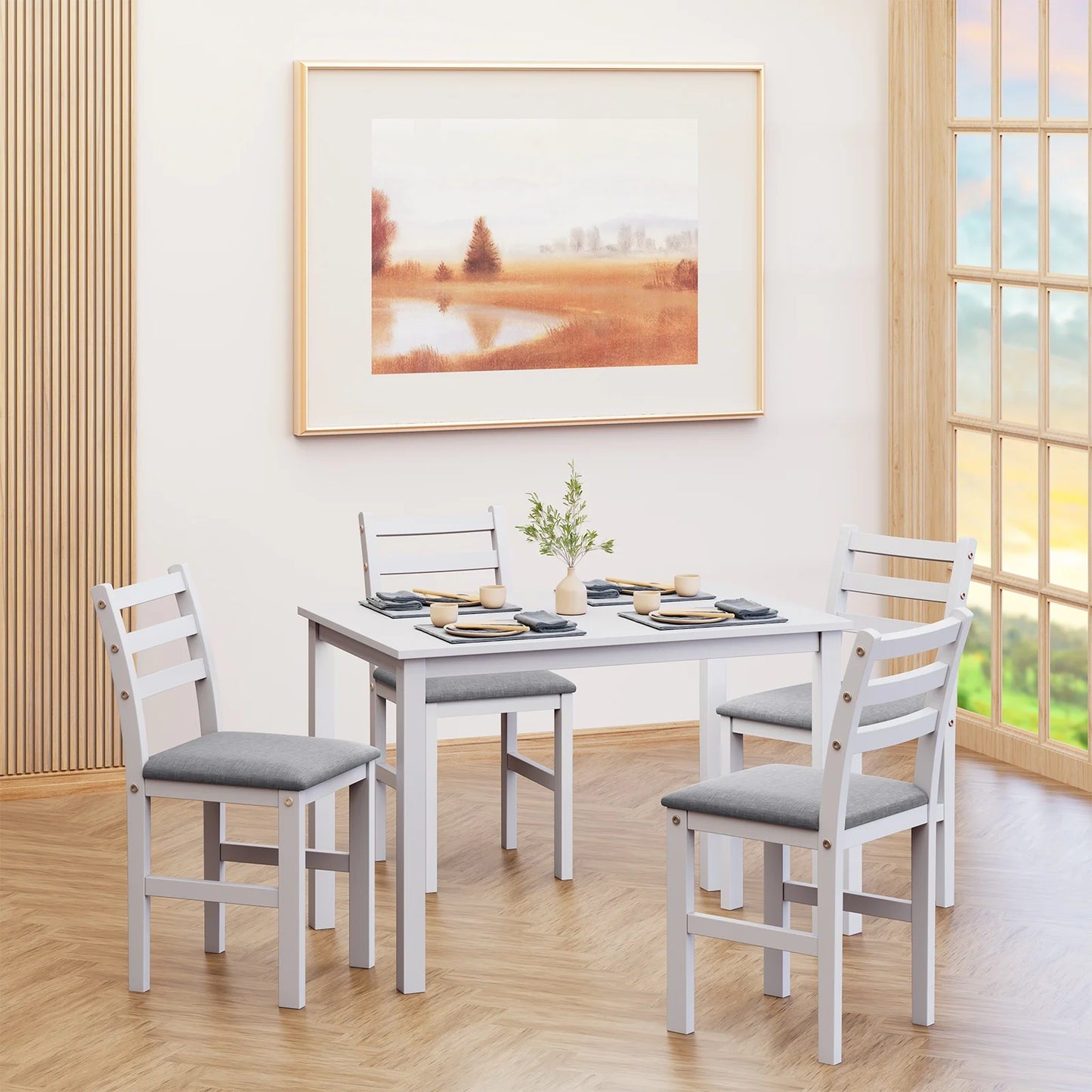 Sesslife 5PCS Dining Set for 4, Modern Dining Rectangle Table Set, Kitchen Table Set with 4 Upholstered Chairs, Wooden Dining Room Table with Ladder Back Design Chairs for Kitchen, Living Room, White