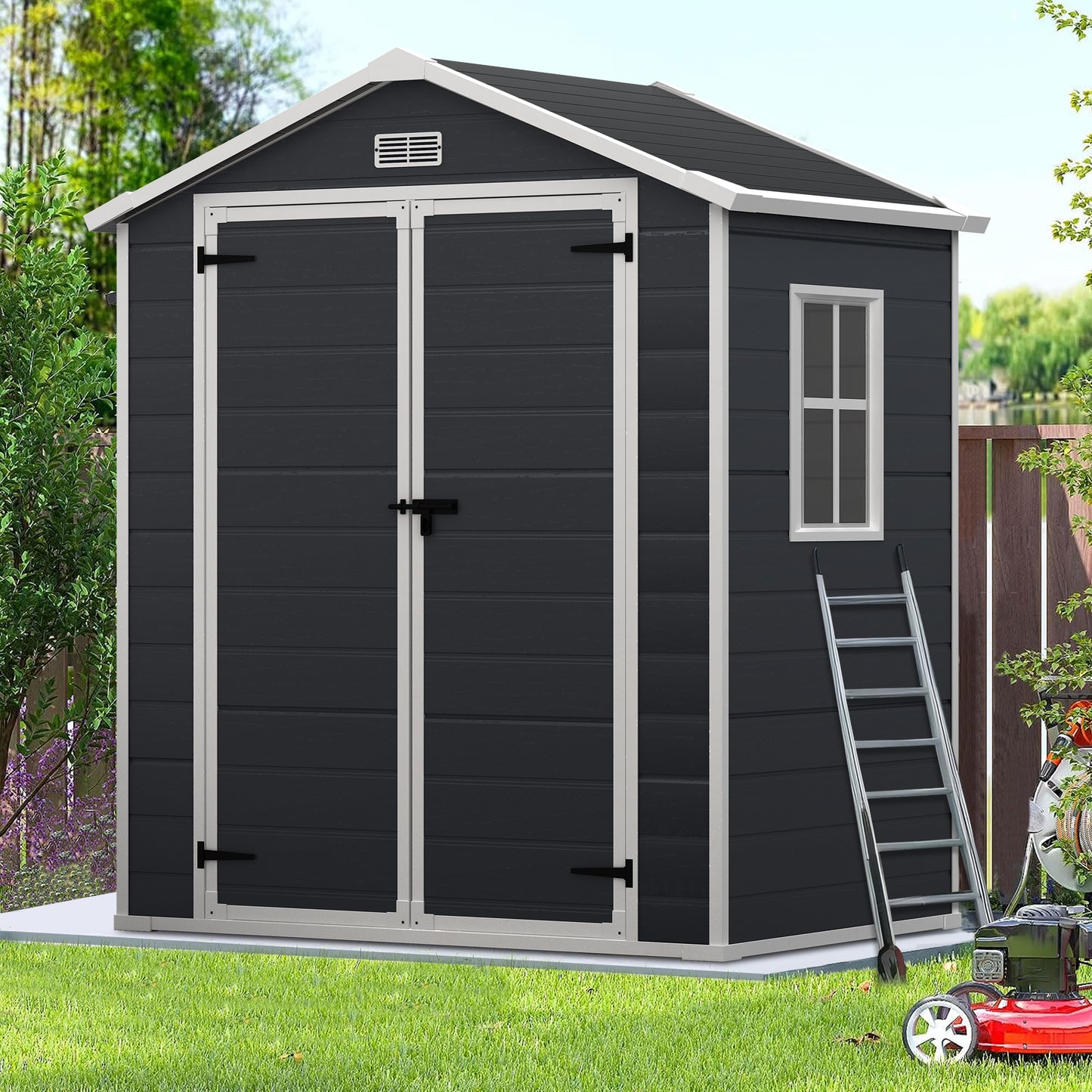 6ft x 4ft Plastic Sheds and Outdoor Storage, Resin Storage Shed with Reinforced Floor and Window for Lawnmower, Garden Tools, Bike and Garbage Can, Dark Gray Outdoor Storage Cabinet