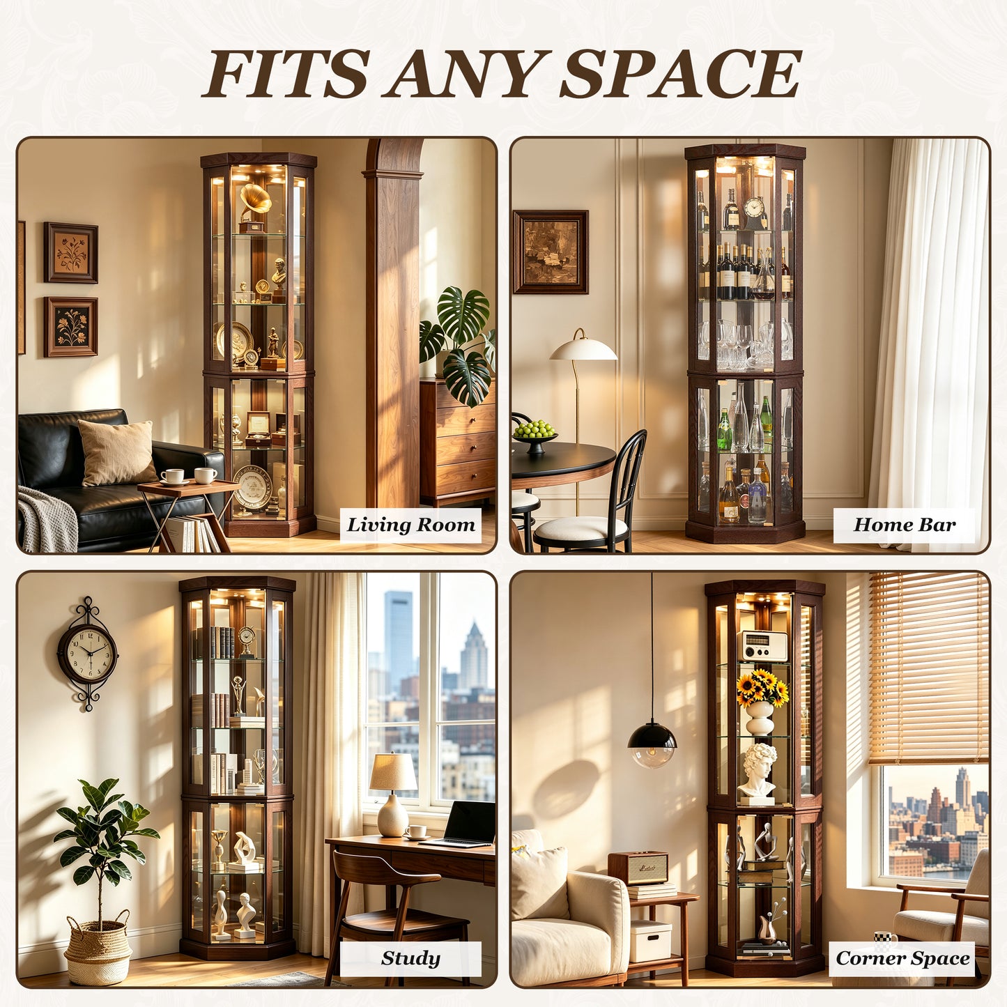 SESSLIFE 70" Tall Corner Curio Cabinet with Glass Doors and Lighting, Lighted Display Cabinet with Adjustable Shelves, Glass Cabinet for Living Room Bedroom Corner Space, Easy Assembly