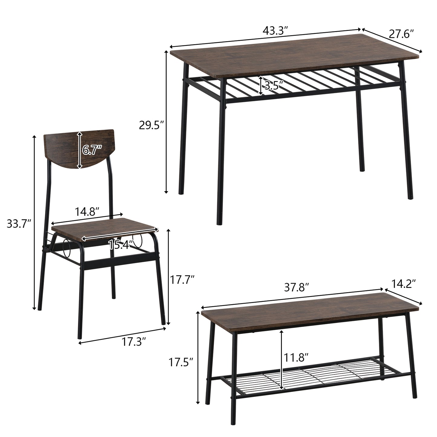 6 Piece Dining Room Set with Bench, Sesslife 43.3in Wood Dining Set for 6 with 4 Chairs and Bench, Space-Saving Rectangular Kitchen Table and Bench Set, Metal Frame with Storage Rack, Brown