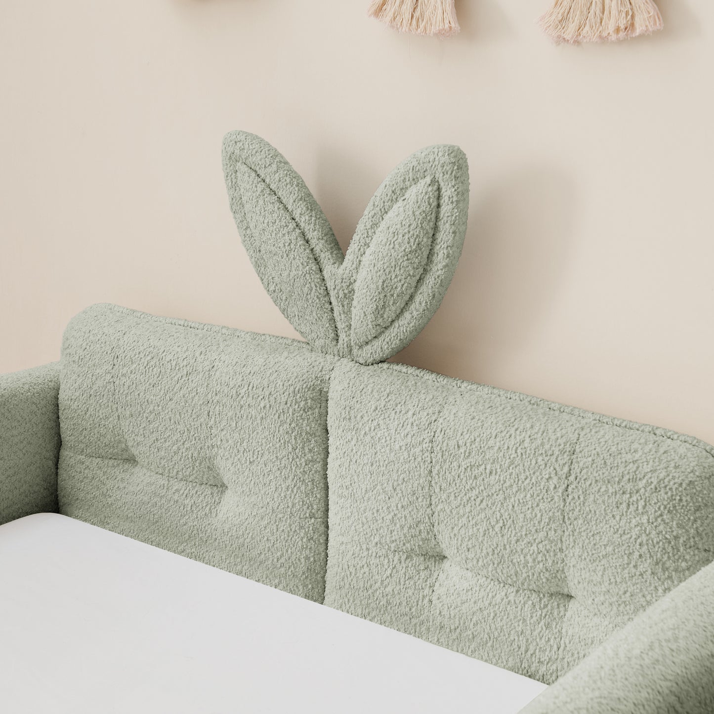 Sesslife Twin Bed Frame with Guardrail, Upholstered Twin Size Floor Bed with Rabbit Ear Headboard and Side Pocket, Montessori Platform Bed Frame with Wood Slats for Little Boys Girls, Beige