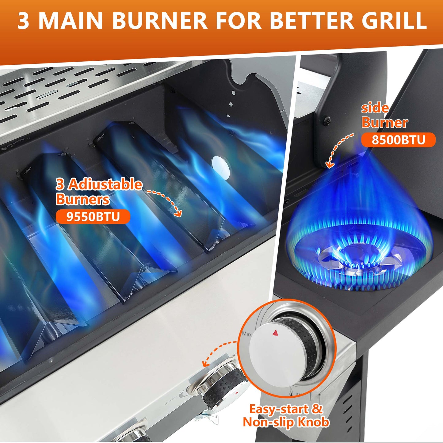 3 Burner Propane Gas Grill, 37,150BTU Stainless Steel Barbecue Grill with Side Burner and Thermometer, Outdoor Cooking BBQ Camping Grill