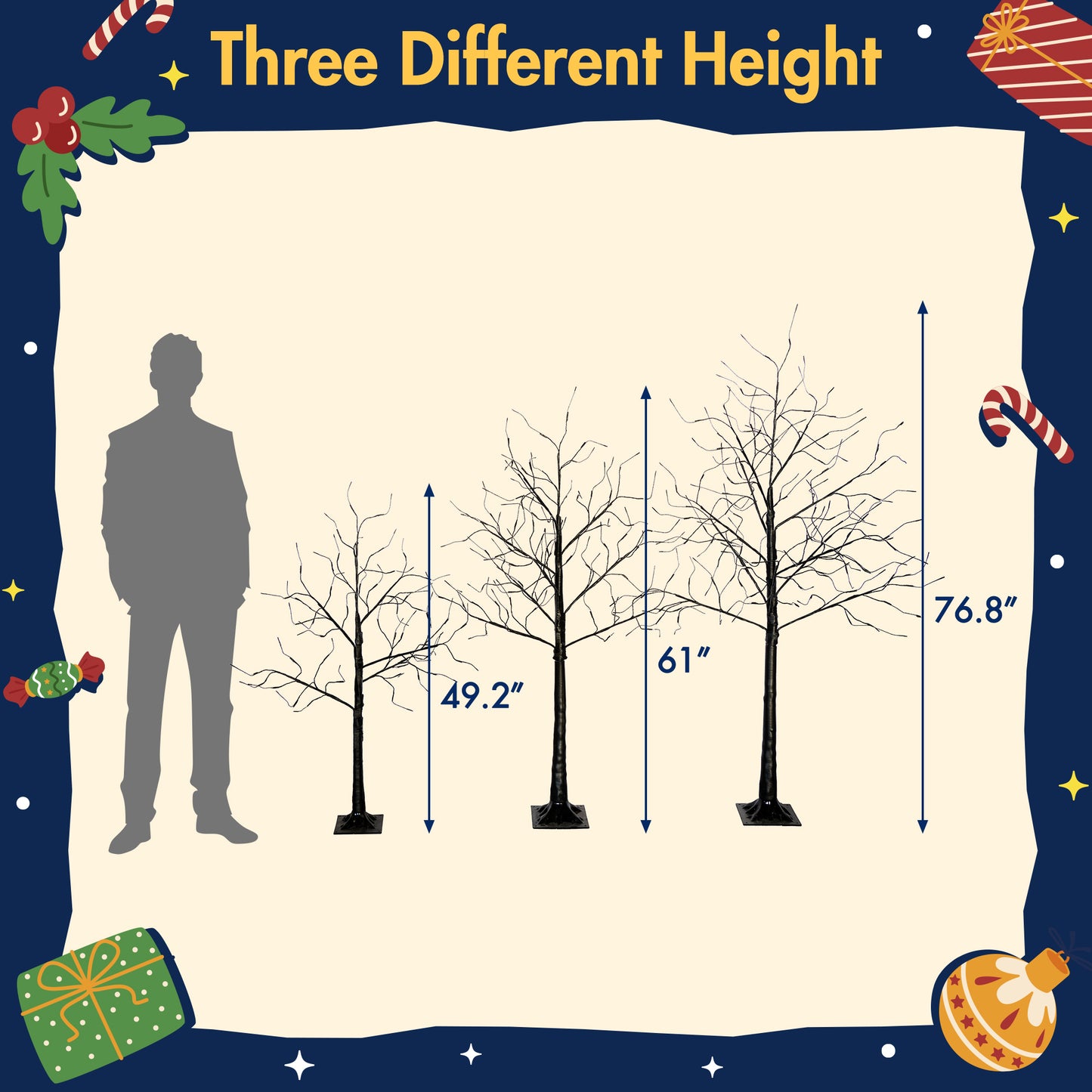 3-Piece Birch Tree with Lights - 4/5/6FT Artificial Black Prelit Lighted Tree for Hallo-ween, Weddings Indoor/Outdoor Decor, Purple LED,  Holiday Decoration