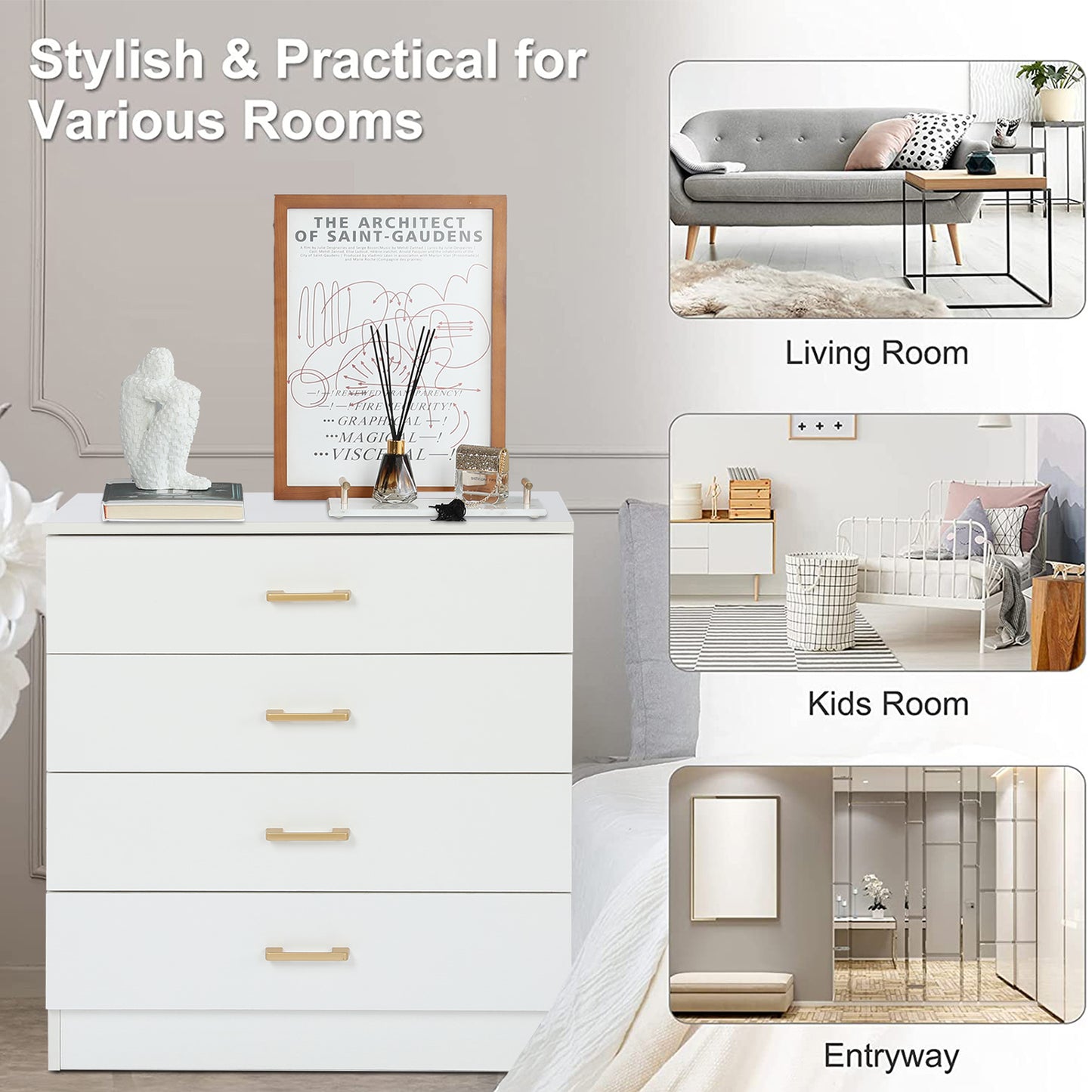 Sesslife New Upgrade Nightstand, Modern White Nightstand with 4 Drawers, Wood Bedside Table Night Stand for Bedroom