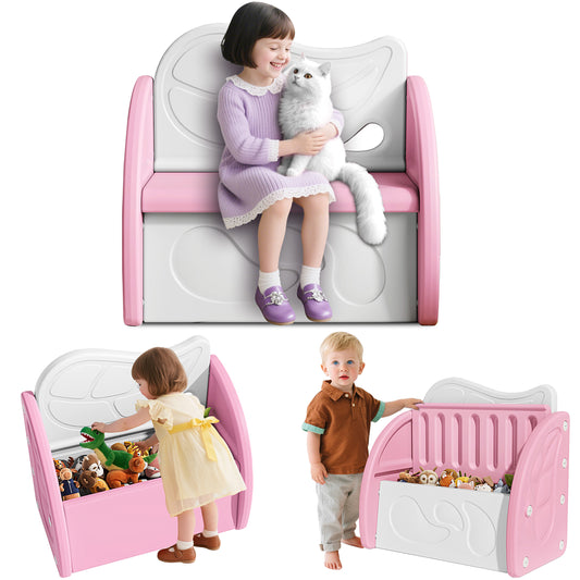 SESSLIFE Toy Box for Boys Girls, Plastic Kids Toy Storage Organizer with Storage Bench and Leaf Backrest, Modern Toy Chest for Living Room, Toddler Room, Bedroom, Support 176 lbs, Pink/Light Grey