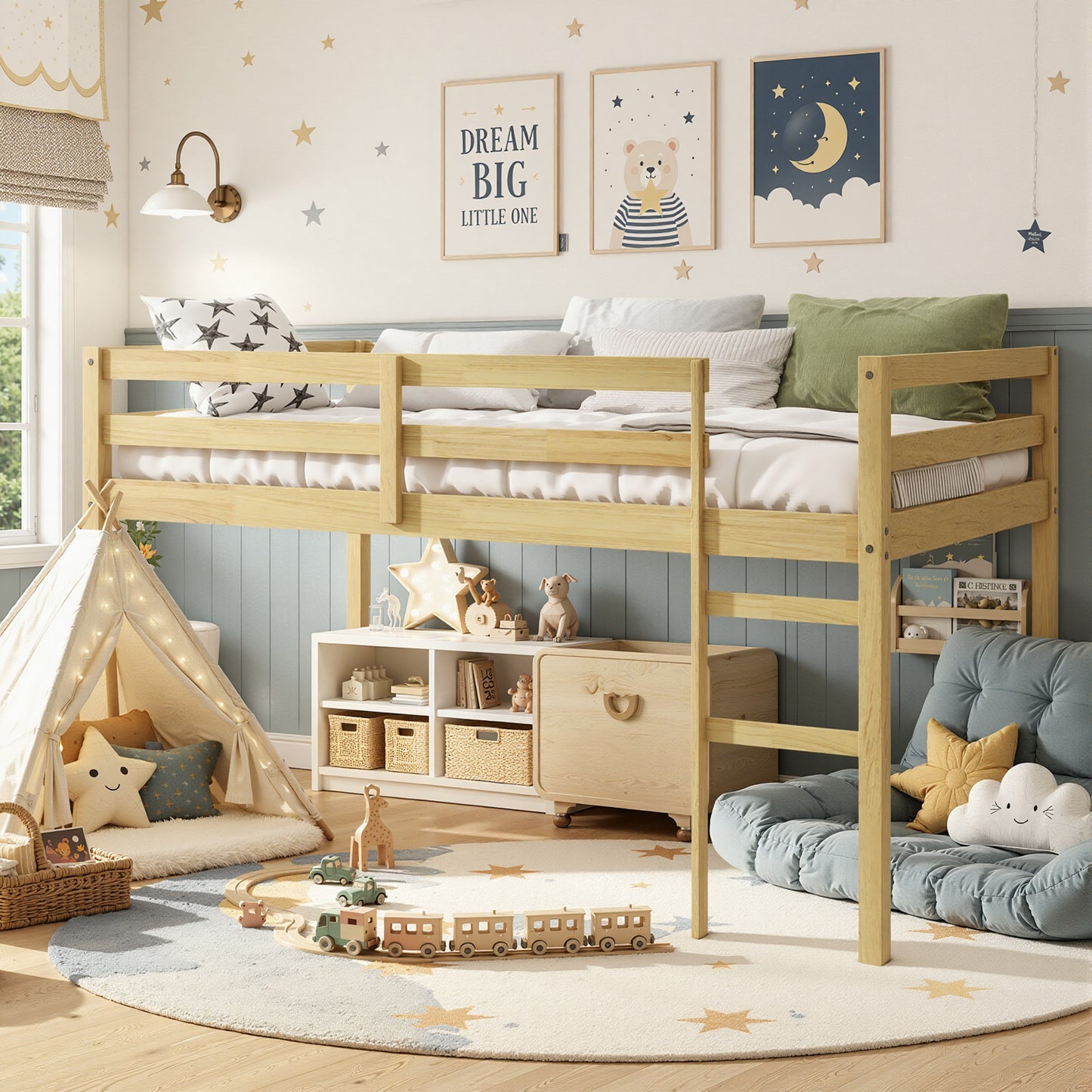 Twin Loft Bed with Ladder and Guardrails for Boys Girls, SESSLIFE Low Height Solid Wood Bed Frame, Space Saving Loft Bed with Under Bed Reading Nook, Play Area, Storage Space, White