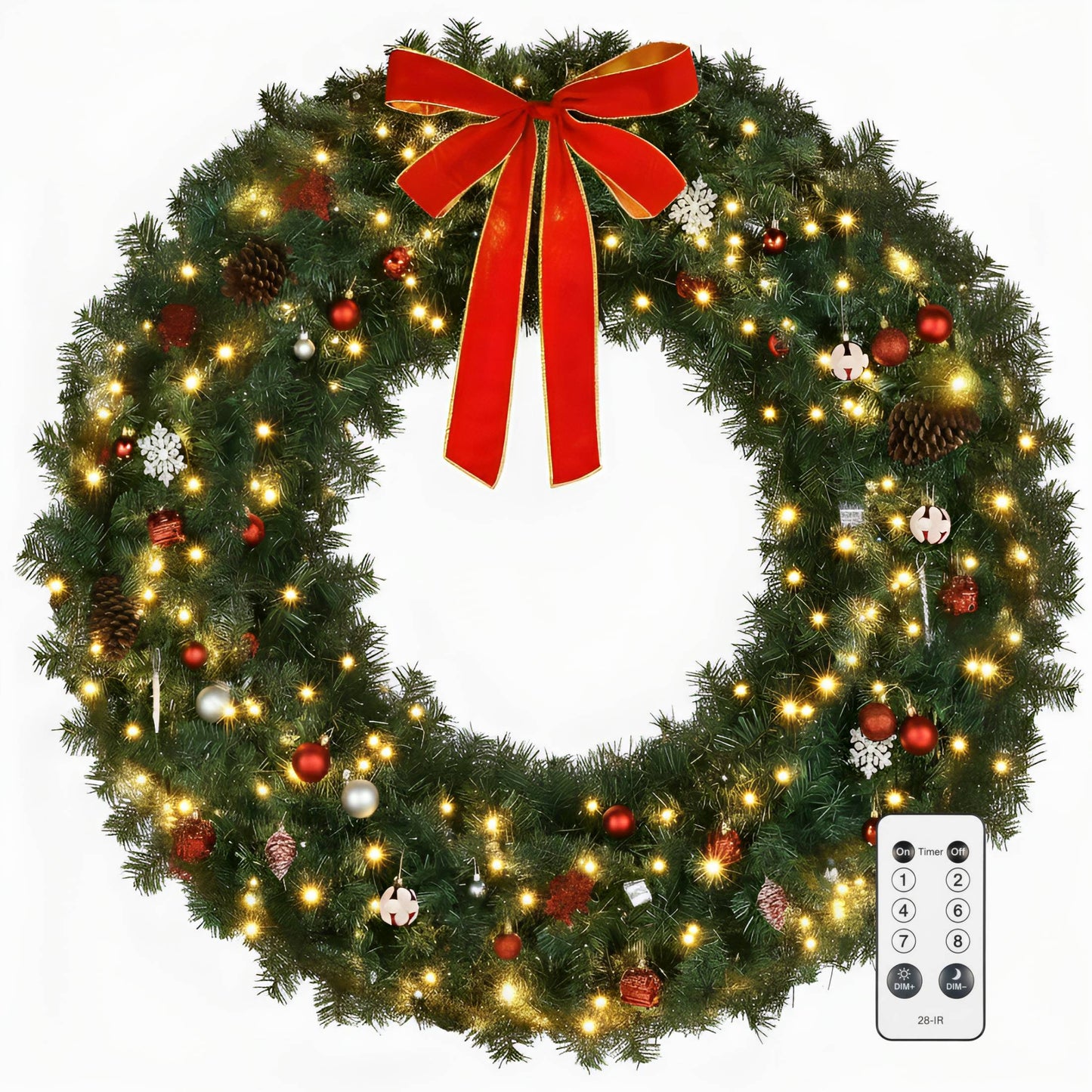 48inch Pre-Lit Christmas Wreath, SESSLIFE Large Outdoor Christmas Wreath with LED Lights, Large Bow and Remote Control, Full Outdoor Wreath for Front Door, Gate, Green