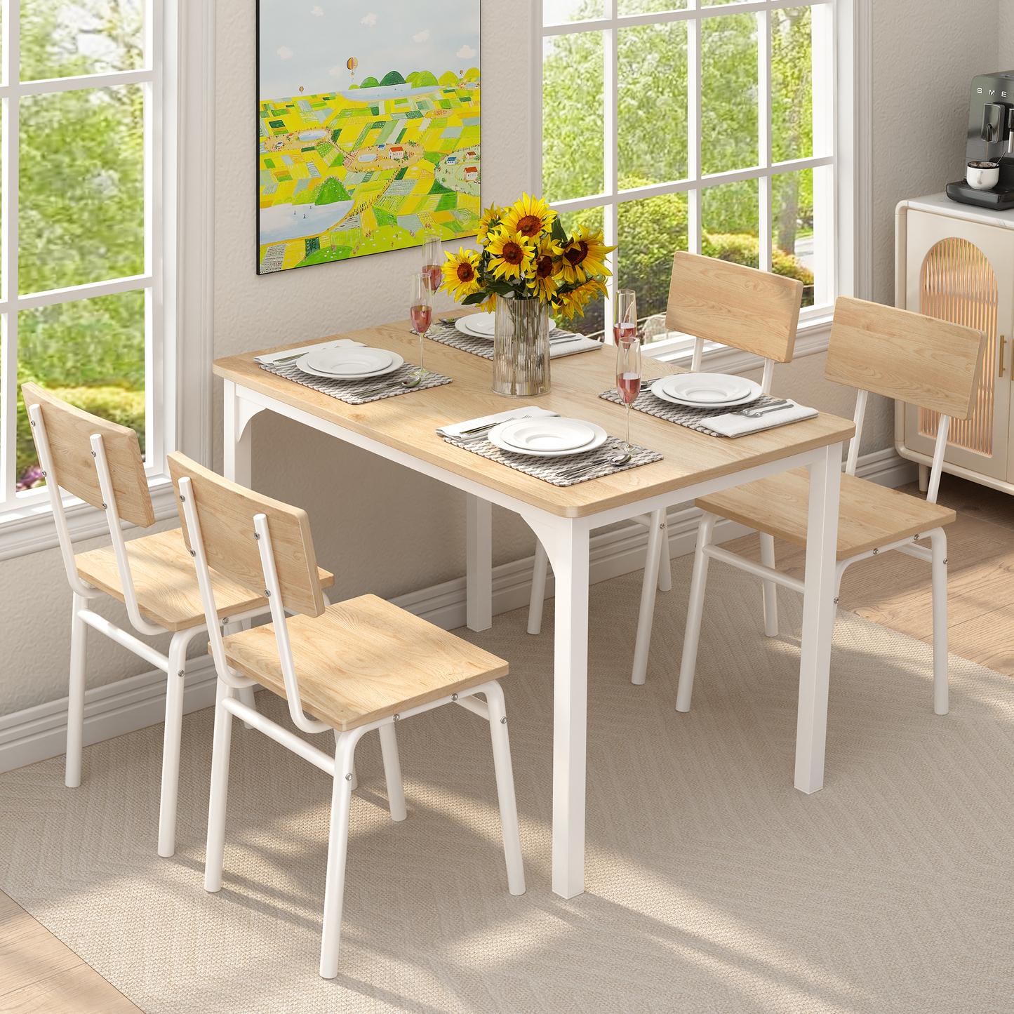 SESSLIFE 5 Piece Dining Table Set with 4 Chairs, Table and Chairs Set for 4 Persons, Metal Frame & Wood Seat, Home Kitchen Breakfast Table, Natural