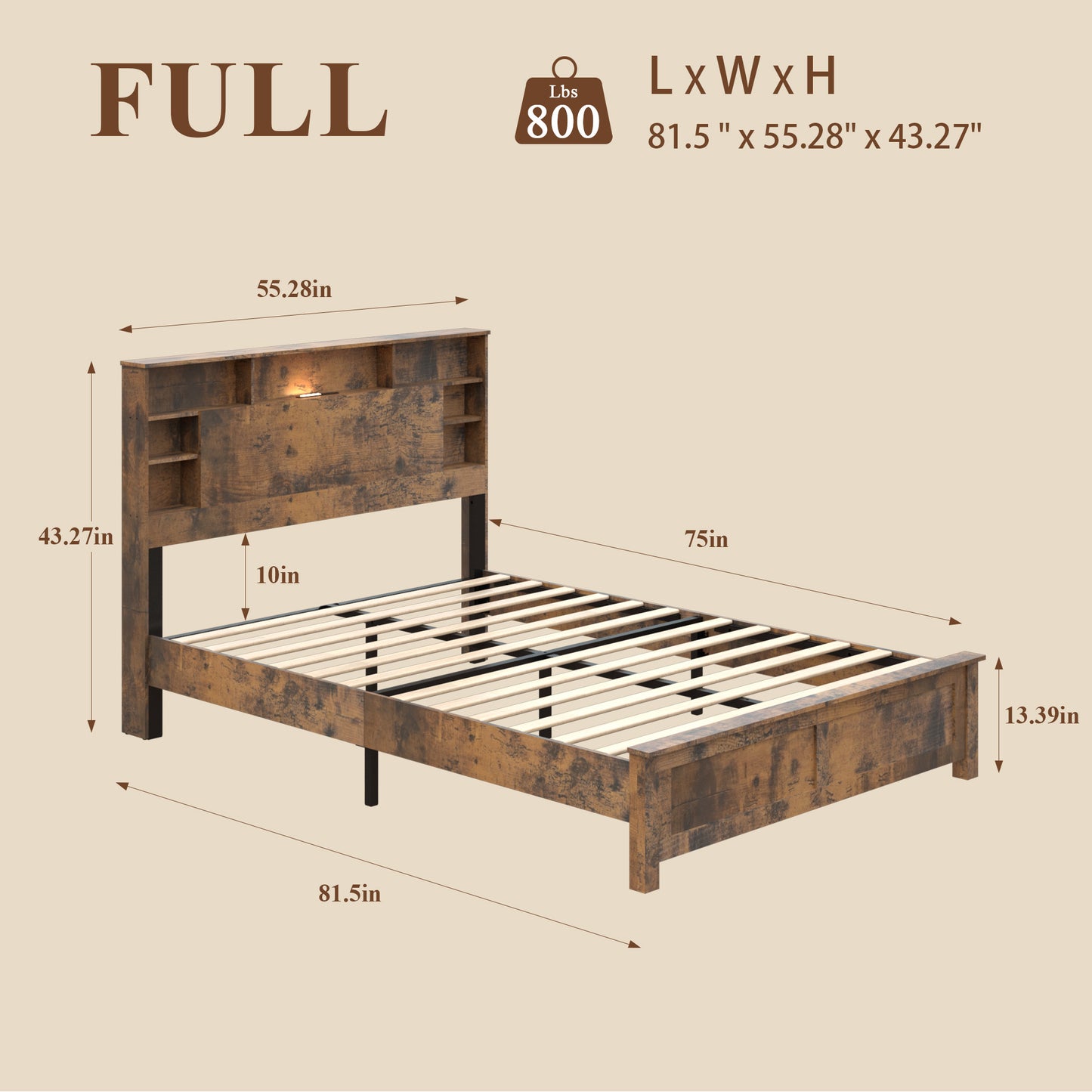 SESSLIFE Queen Bed Frame with Storage Headboard, Wood Platform Bed Frame with Charging Station, LED Lights & Bookcase Shelf, Queen Size Bed Holds up to 800lbs, No Box Spring Needed, Dark Brown