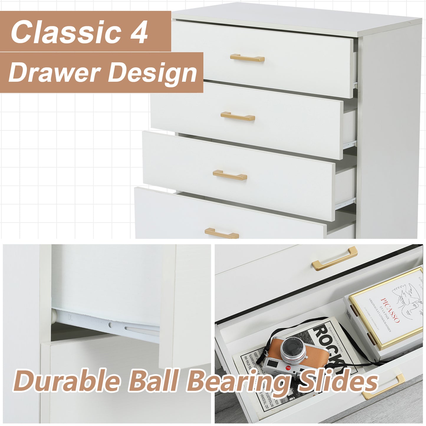 Sesslife New Upgrade Nightstand, Modern White Nightstand with 4 Drawers, Wood Bedside Table Night Stand for Bedroom