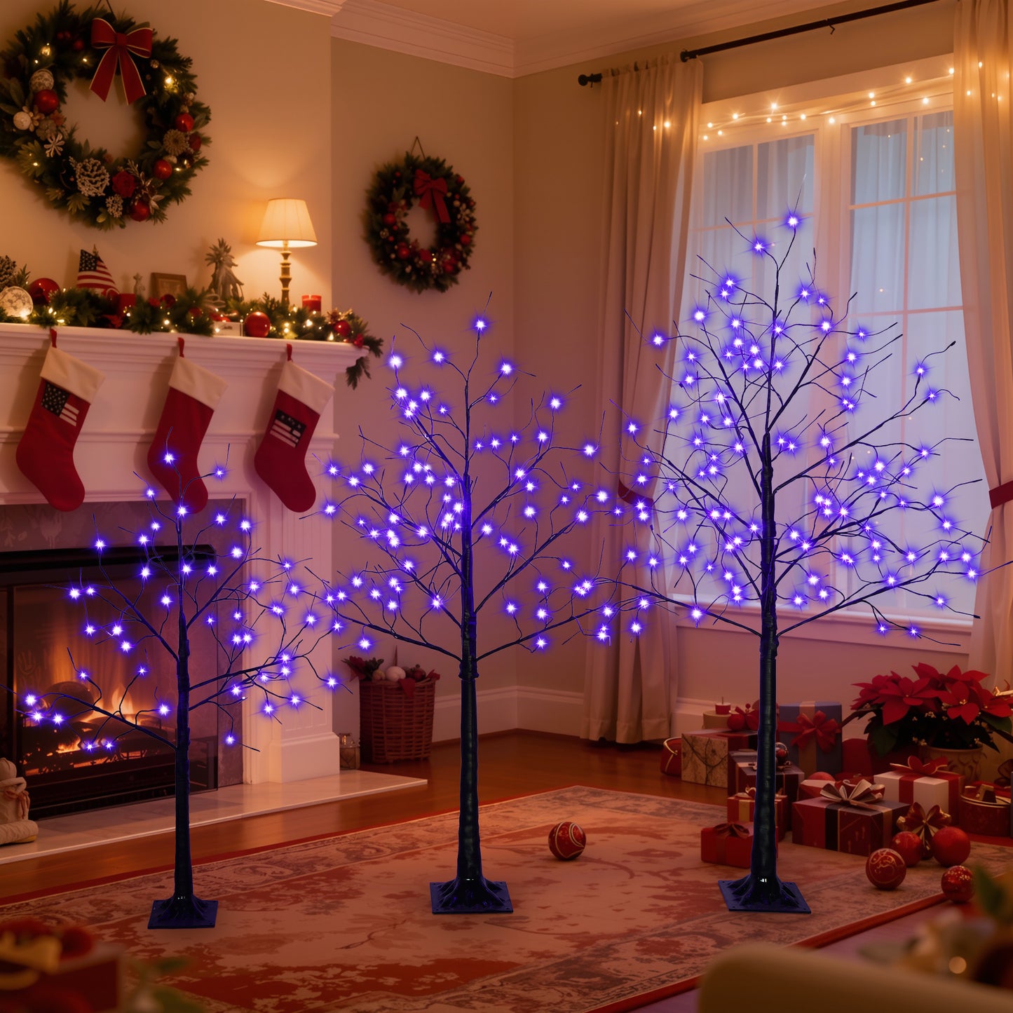 3-Piece Birch Tree with Lights - 4/5/6FT Artificial Black Prelit Lighted Tree for Hallo-ween, Weddings Indoor/Outdoor Decor, Purple LED,  Holiday Decoration