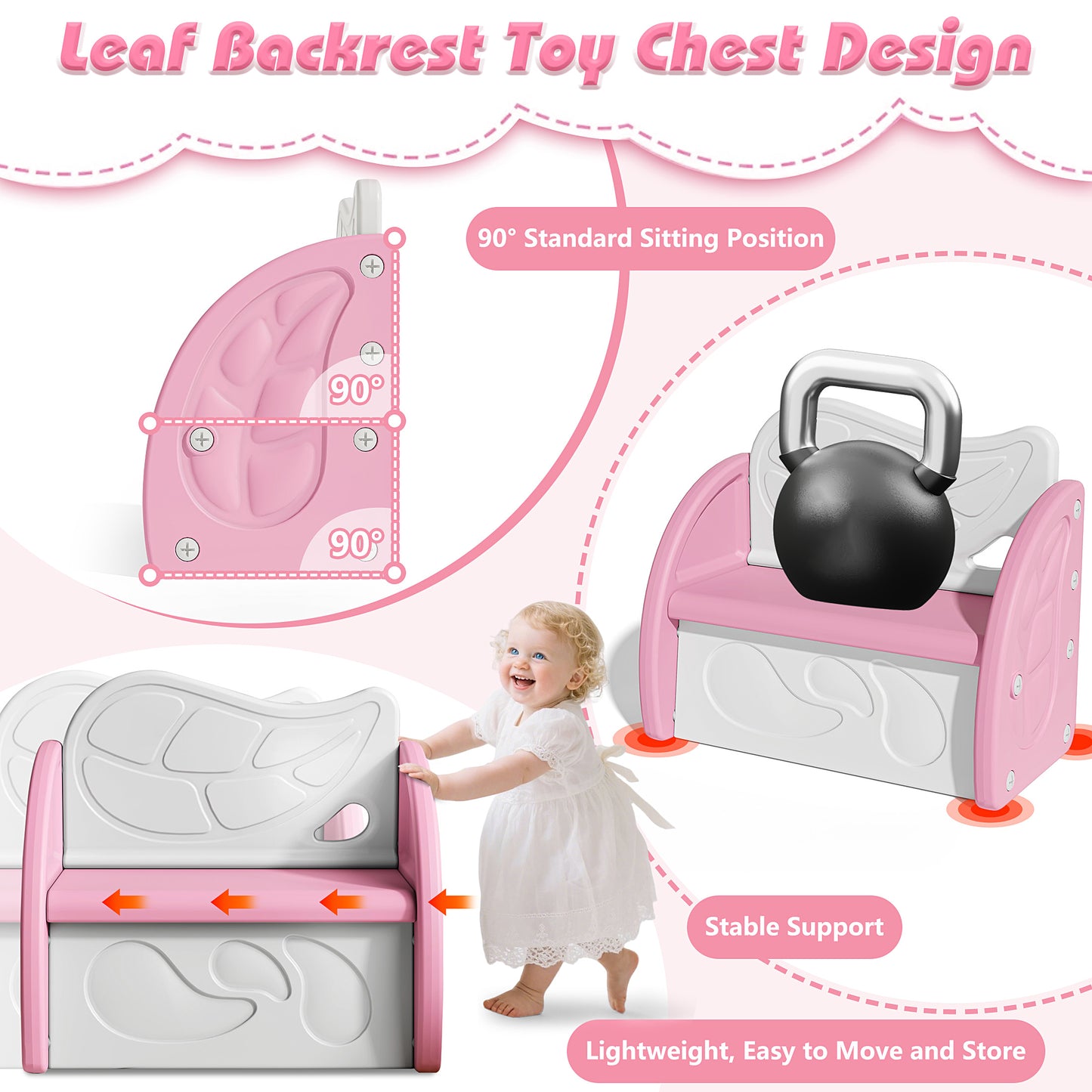 SESSLIFE Toy Box for Boys Girls, Plastic Kids Toy Storage Organizer with Storage Bench and Leaf Backrest, Modern Toy Chest for Living Room, Toddler Room, Bedroom, Support 176 lbs, Pink/Light Grey