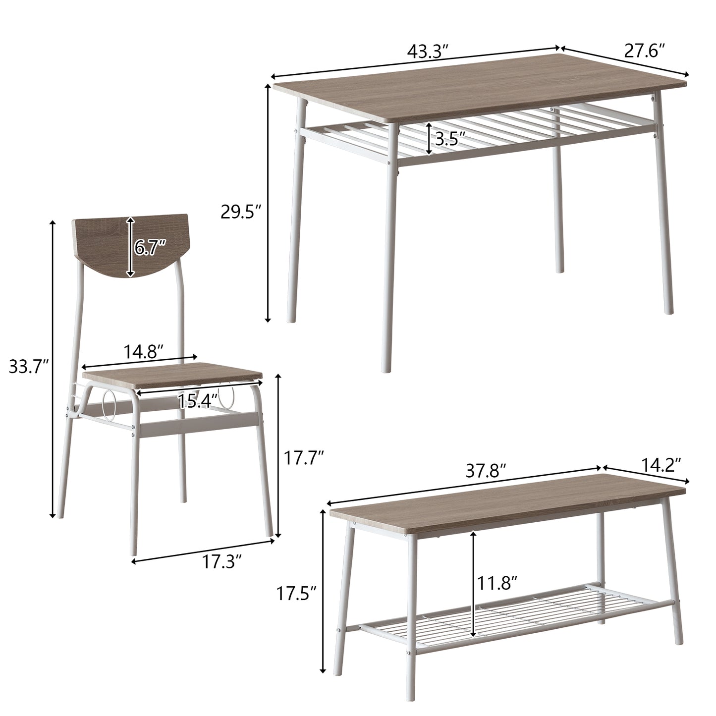 6 Piece Dining Room Set with Bench, Sesslife 43.3in Wood Dining Set for 6 with 4 Chairs and Bench, Space-Saving Rectangular Kitchen Table and Bench Set, Metal Frame with Storage Rack, Brown