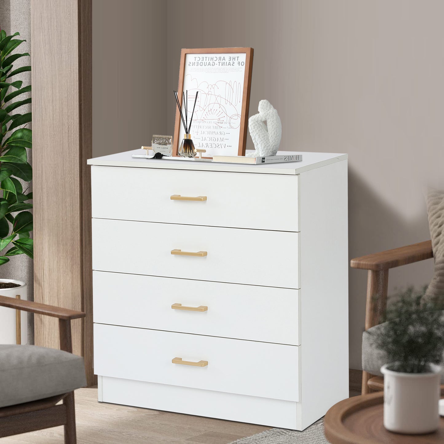 Sesslife New Upgrade Nightstand, Modern White Nightstand with 4 Drawers, Wood Bedside Table Night Stand for Bedroom