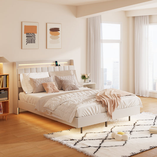 Sesslife Queen Size Bed Frame with LED Lights and Charging Station, Velvet Upholstered Platform Bed with Hidden Storage Headboard, Floating Bed with Wooden Slats Support, No Spring Box Needed, Beige