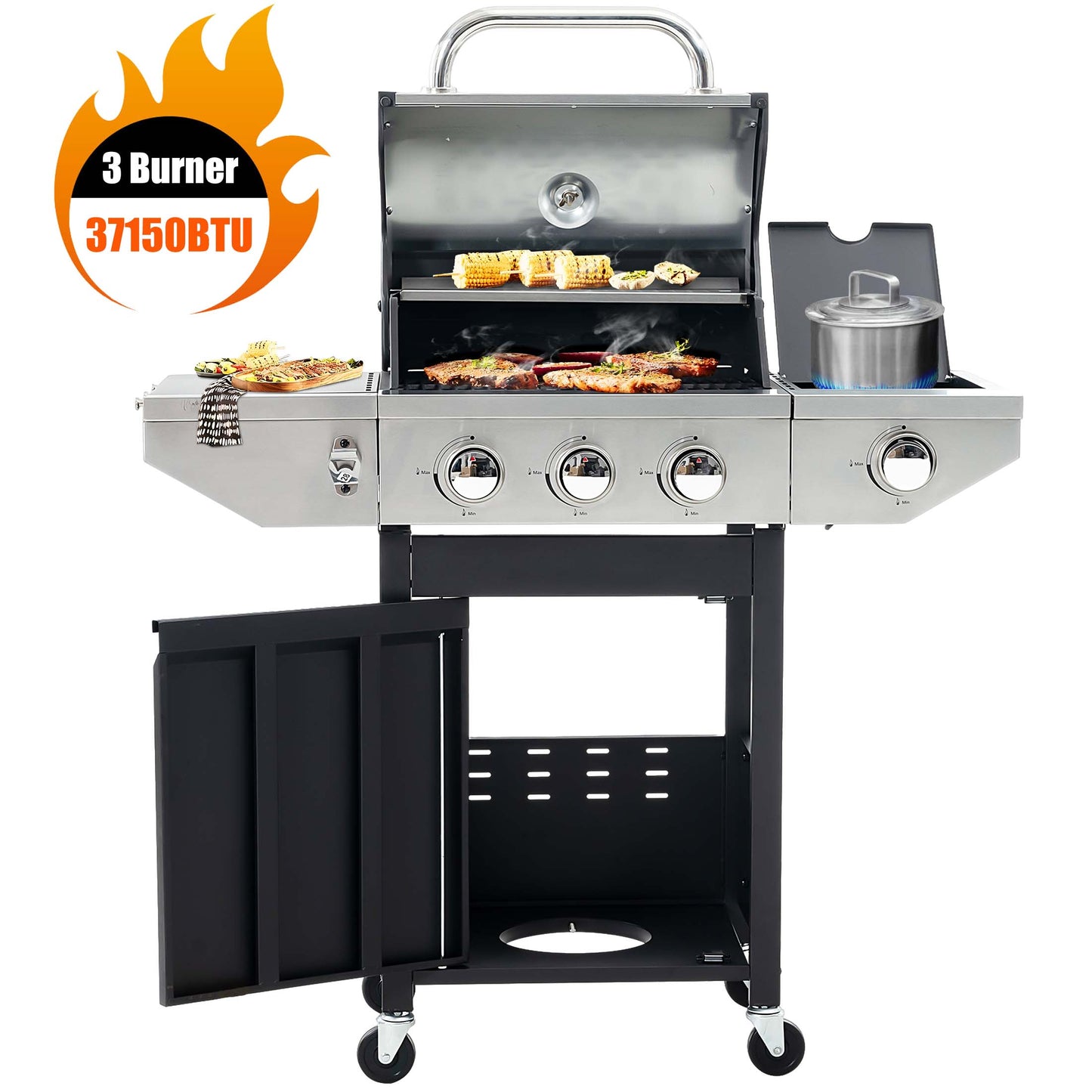 3 Burner Propane Gas Grill, 37,150BTU Stainless Steel Barbecue Grill with Side Burner and Thermometer, Outdoor Cooking BBQ Camping Grill