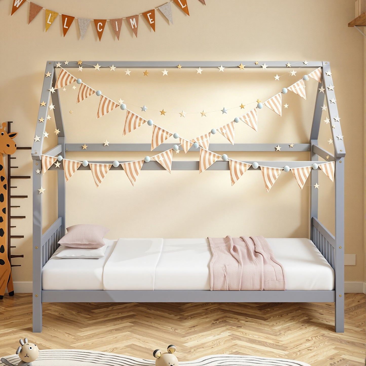 SESSLIFE House Bed with Fence, Wood House Bed, Floor Bed Frame, Twin Canopy Bed for Bedroom, No Box Spring Needed (White)
