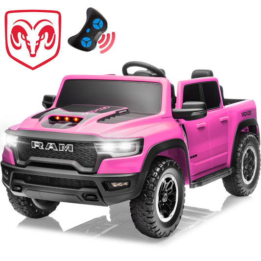 2 Seater Ride on Cars for Kids, RAM 1500 Extra large Real 24V Powered Ride on Toys with Remote Control, LED Light, MP3 Player, Electric Vehicles Ride on Truck for Boys Girls Gifts, Pink
