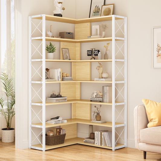 7-Tier Corner Bookshelf, Wood L-Shaped Open Display Bookshelf with Metal Frame, Industrial Style Tall Bookshelf with Open Storage, Freestanding Etagere Bookcase for Home Office, Oak