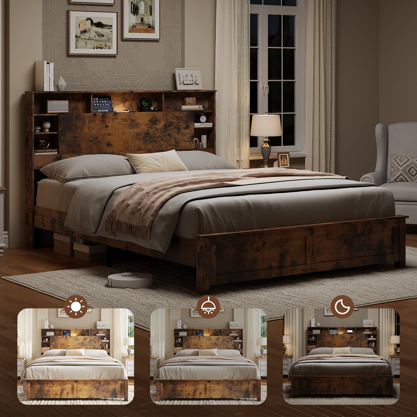 SESSLIFE Queen Bed Frame with Storage Headboard, Wood Platform Bed Frame with Charging Station, LED Lights & Bookcase Shelf, Queen Size Bed Holds up to 800lbs, No Box Spring Needed, Dark Brown