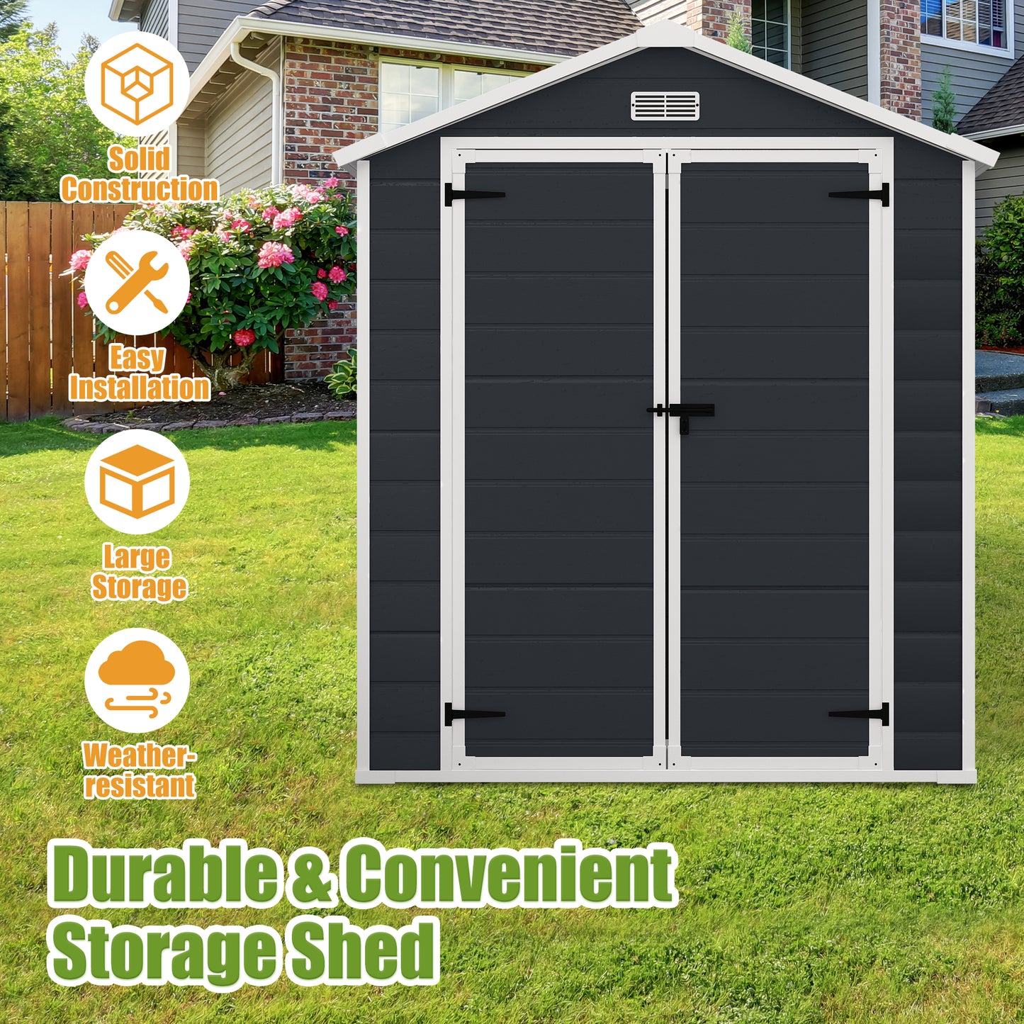 6ft x 4ft Plastic Sheds and Outdoor Storage, Resin Storage Shed with Reinforced Floor and Window for Lawnmower, Garden Tools, Bike and Garbage Can, Dark Gray Outdoor Storage Cabinet