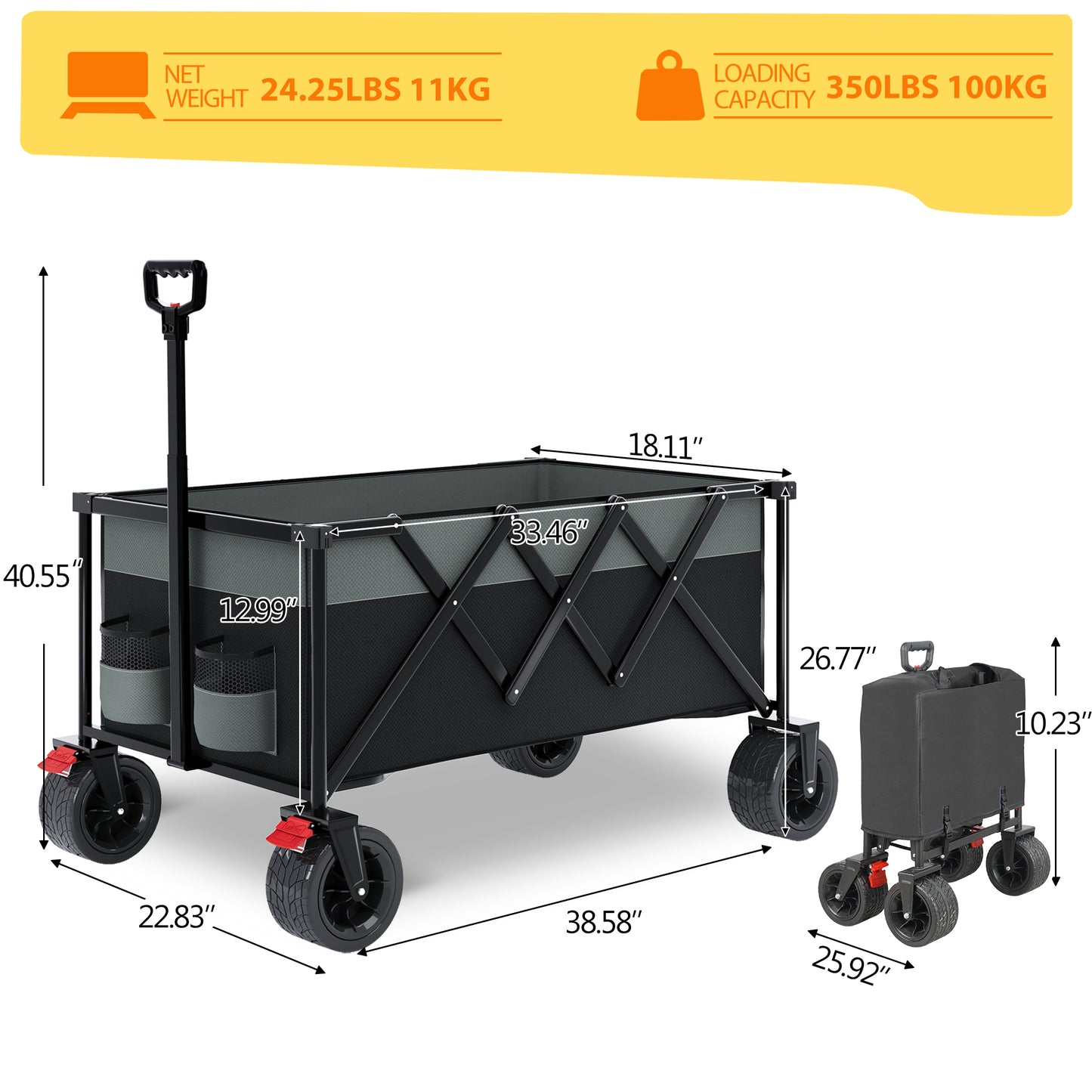 SESSLIFE Folding Beach Wagon Cart, 350LBS Capacity Camping Wagon with Big Wheels, Extra Pocket, Storage Bag and Cup Holder, Collapsible Portable Wagon Cart, Gray+Black