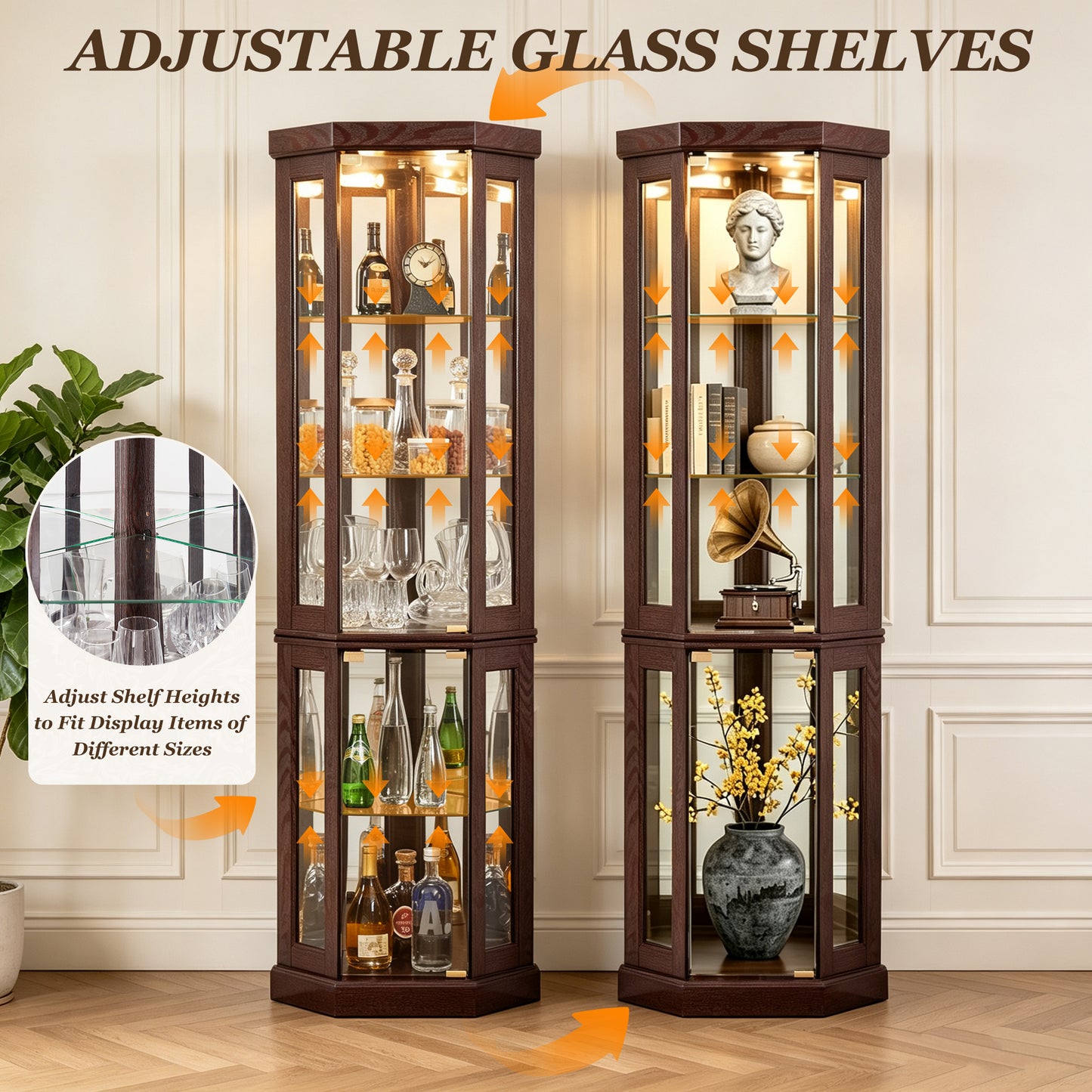 SESSLIFE 70" Tall Corner Curio Cabinet with Glass Doors and Lighting, Lighted Display Cabinet with Adjustable Shelves, Glass Cabinet for Living Room Bedroom Corner Space, Easy Assembly