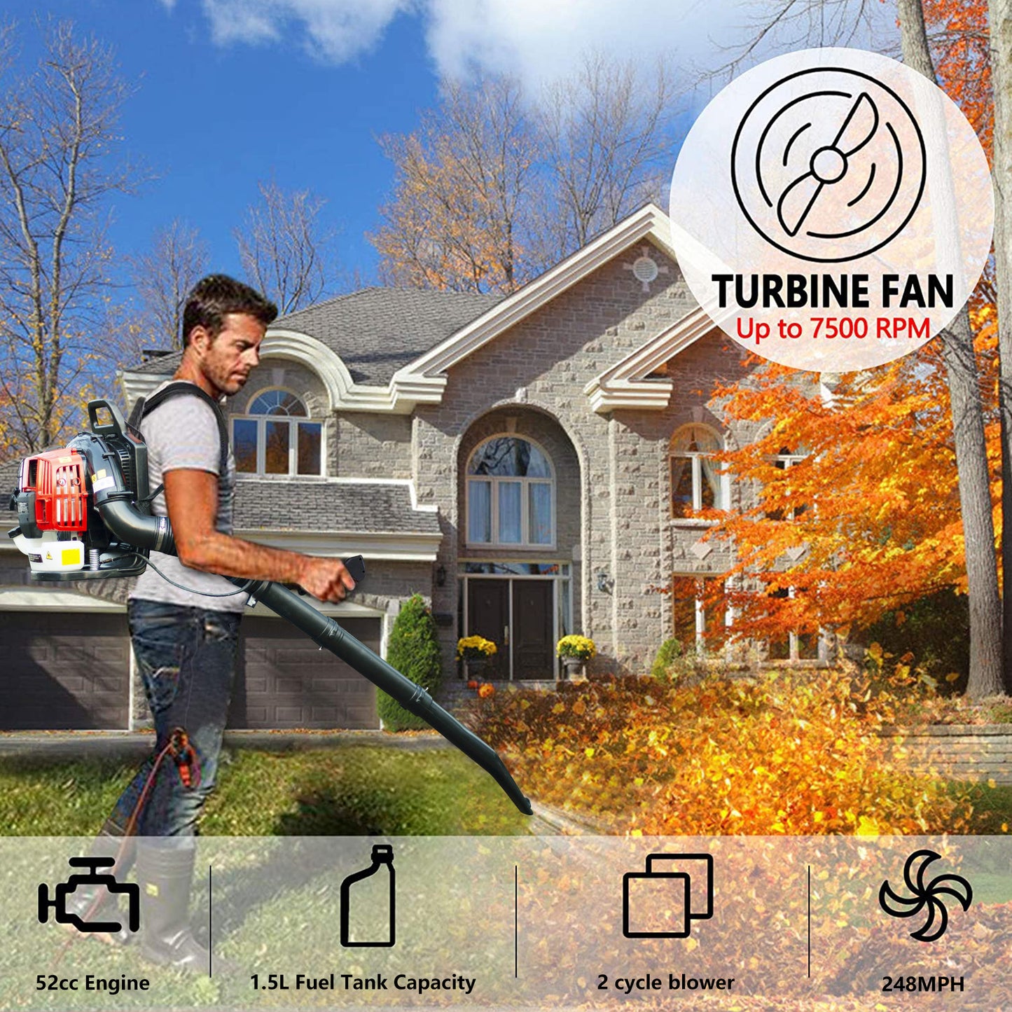 Gas Powered Leaf Blower, 52cc 2-Cycle Backpack Leaf Blower with Nozzle Extension and Adjustable Strap, Commercial Leaf Vacuum for Blowing Leaves/Snow/Mowed Grass, EPA Passed