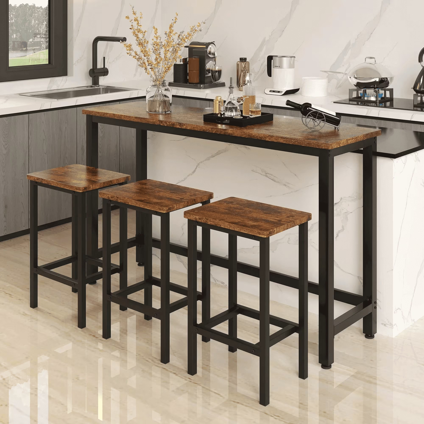 Enyopro Bar Table and Stools, Modern Dining Table Set with 3 Stools, Woode Extra Long Pub Table and Chairs, Saving Space for Kitchen, Patio Restnaurant Bistro, Brown